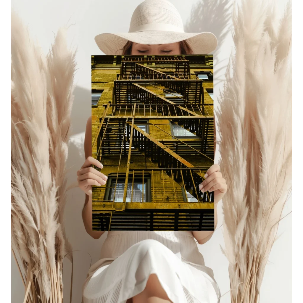 Insigne Aluminum Prints Yellow Fire Escape Urban Wall Art | Contemporary Home Wall Art | vintageantiquesgifts.com