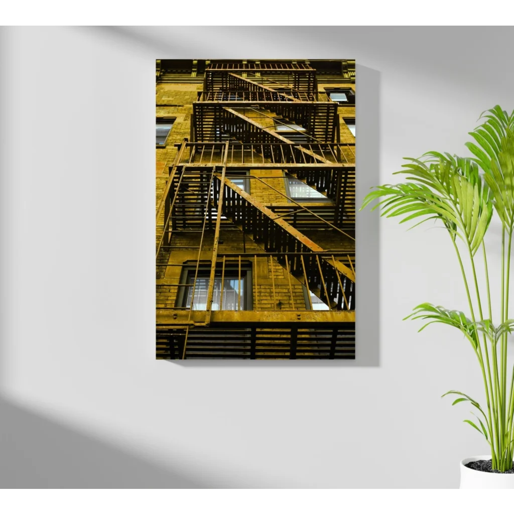 Insigne aluminum prints of rusty yellow fire escape on brick wall