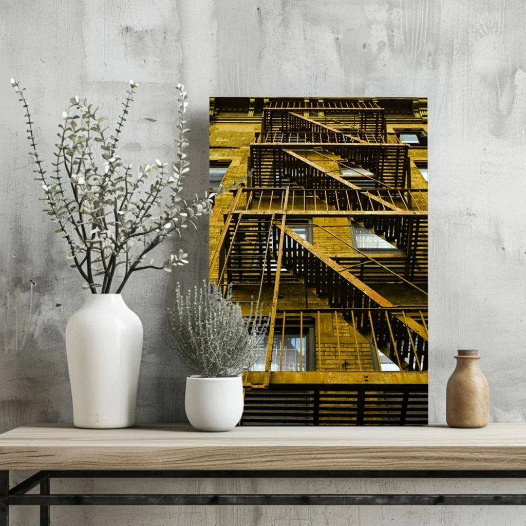 Insigne Aluminum Prints Yellow Fire Escape Urban Wall Art | Glass Wall Art Print | vintageantiquesgifts.com
