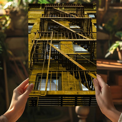 Rusted yellow fire escape on Insigne aluminum prints urban wall art