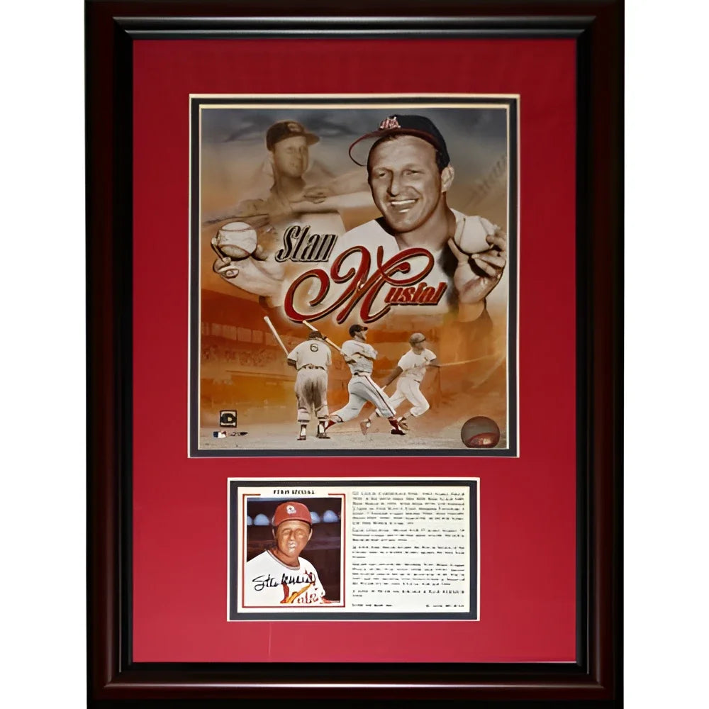 Stan Musial autographed Signature Series frame with portrait and baseball card