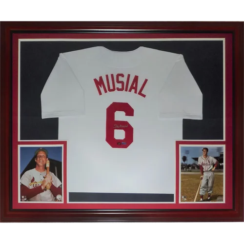 Stan Musial Louis Cardinals deluxe framed jersey white #6 with red Musial