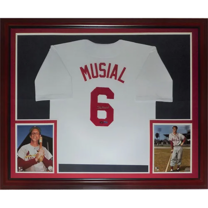 Stan Musial Louis Cardinals deluxe framed jersey white #6 with red Musial