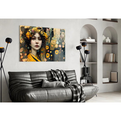 Vibrant golden floral portrait glass wall art with swirling earth tones