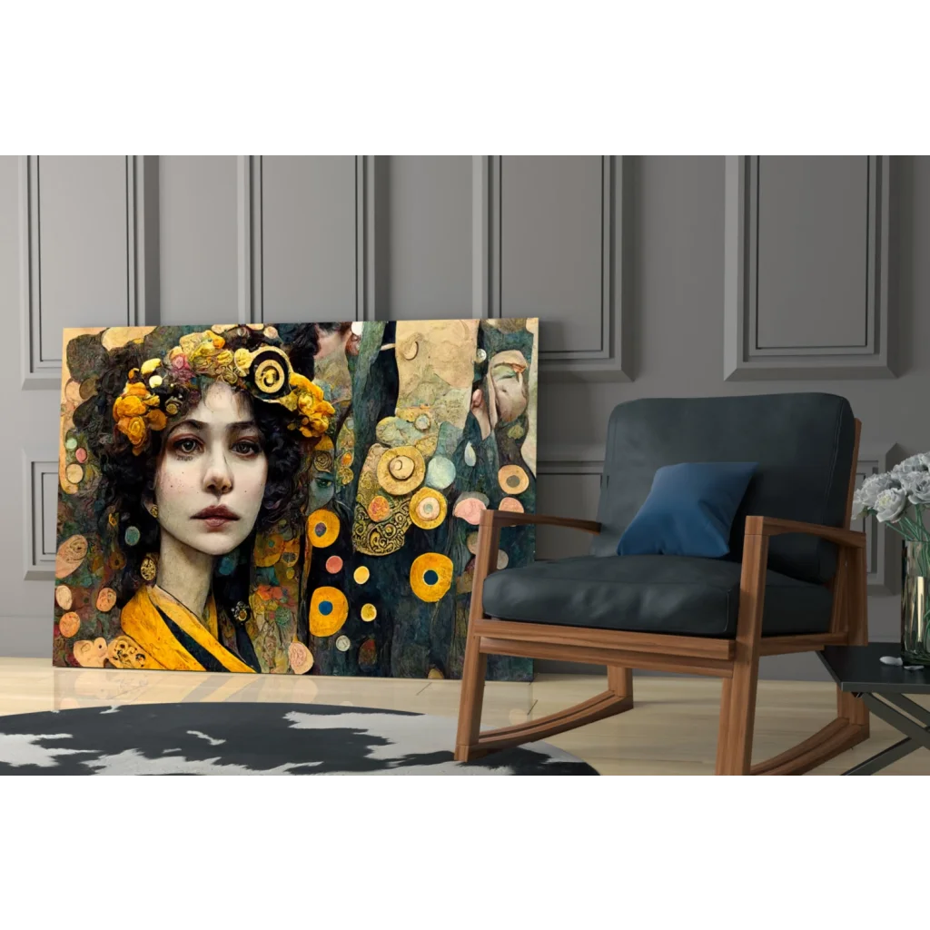 Vibrant gold floral woman portrait in art nouveau style on glass wall art