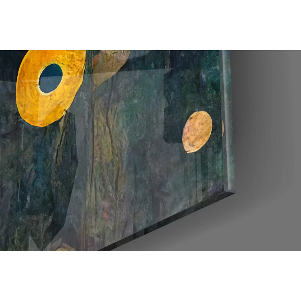 Golden circular glass wall art with floral portrait on textured green gray background