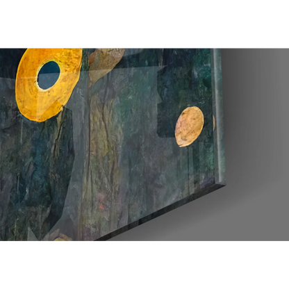 Golden circular glass wall art with floral portrait on textured green gray background