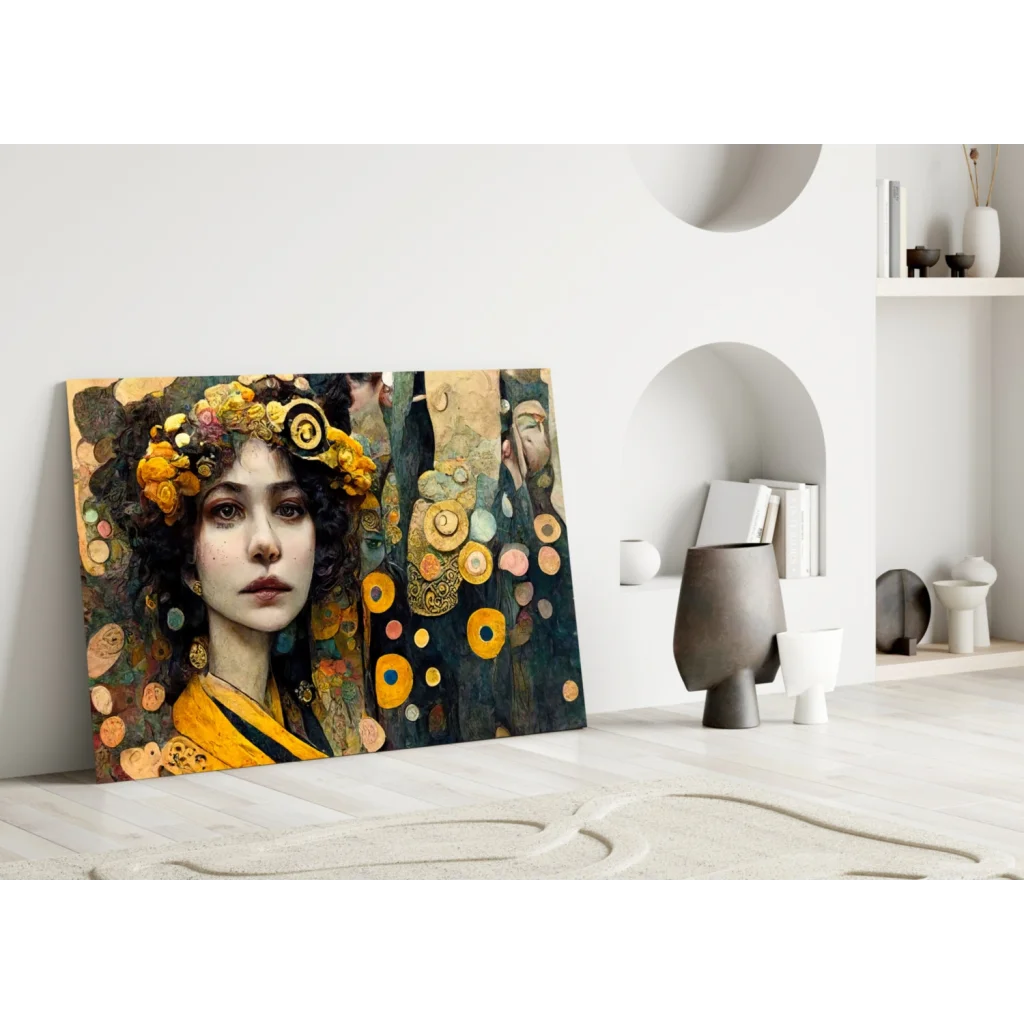 Golden Floral Portrait Glass Wall Art with Swirling Earth Tones