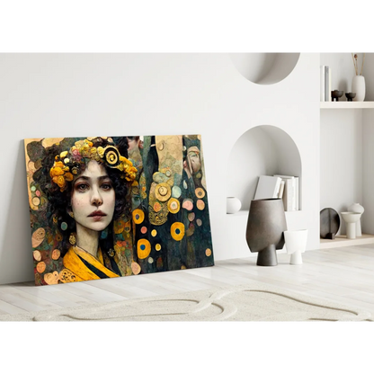 Golden Floral Portrait Glass Wall Art with Swirling Earth Tones