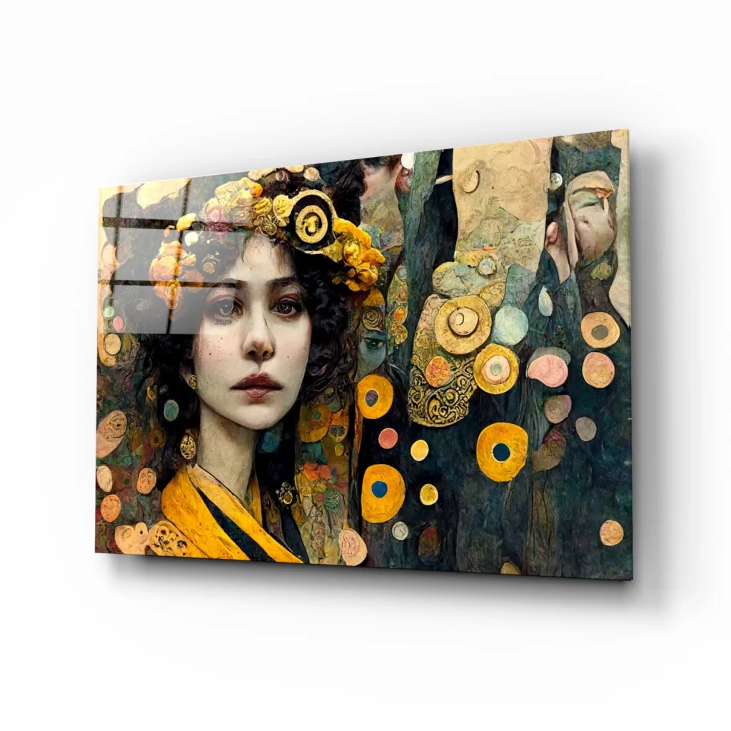 Golden Floral Portrait Glass Wall Art with Swirling Earth Tones