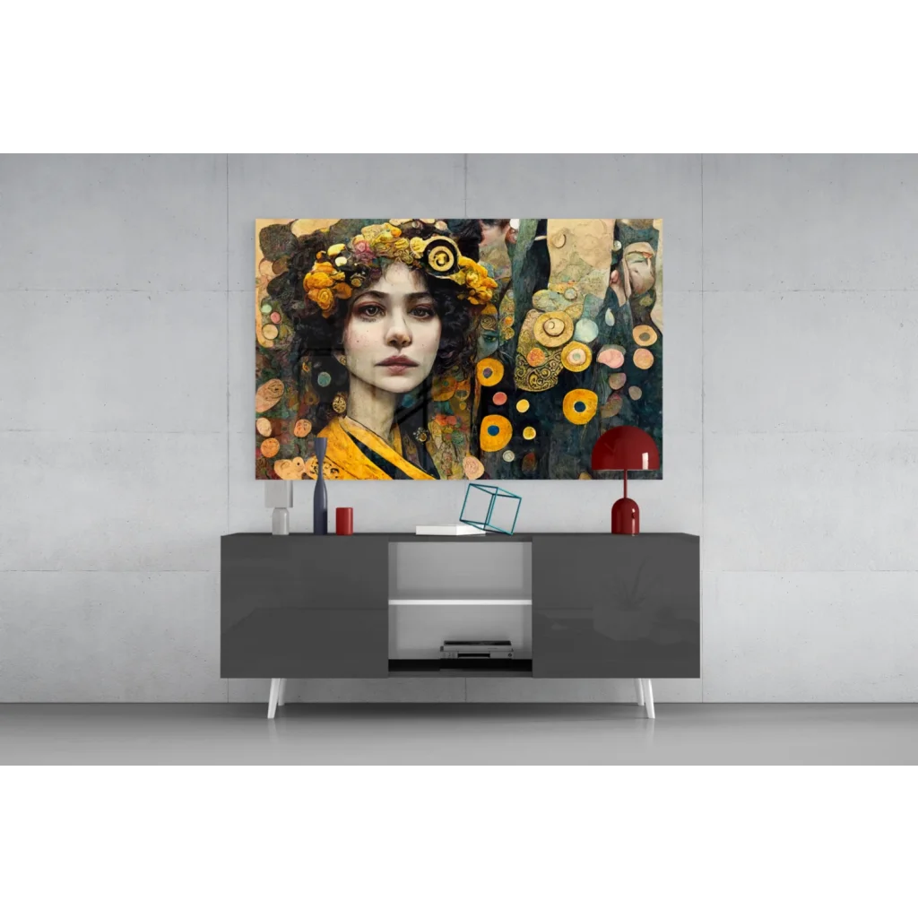 Golden Floral Portrait Glass Wall Art with vibrant woman in earth tones