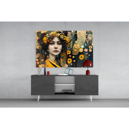 Golden Floral Portrait Glass Wall Art with vibrant woman in earth tones