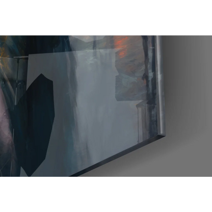 Stunning city night woman glass wall art with muted blues, grays, orange