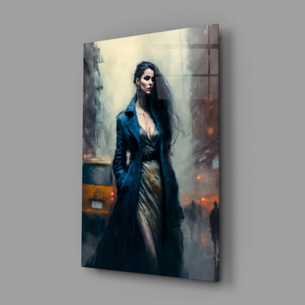 Stunning city night woman in blue coat on gold dress glass wall art
