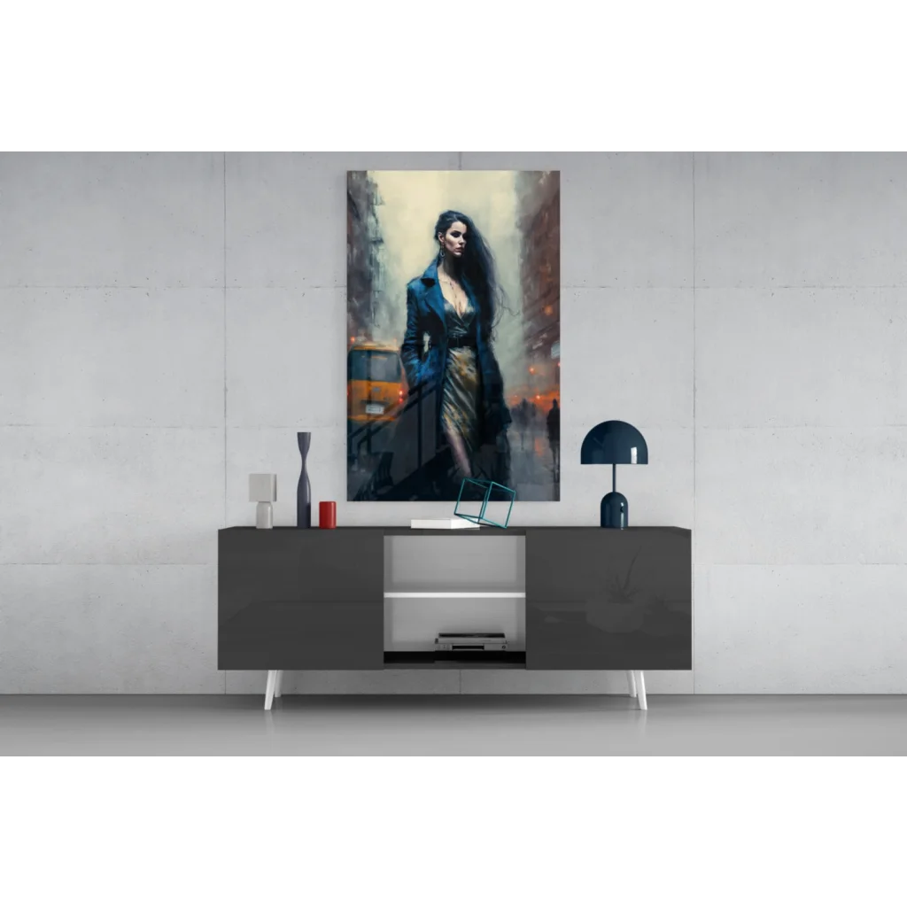 Stunning city night woman in glass wall art print