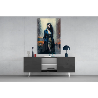 Stunning city night woman in glass wall art print