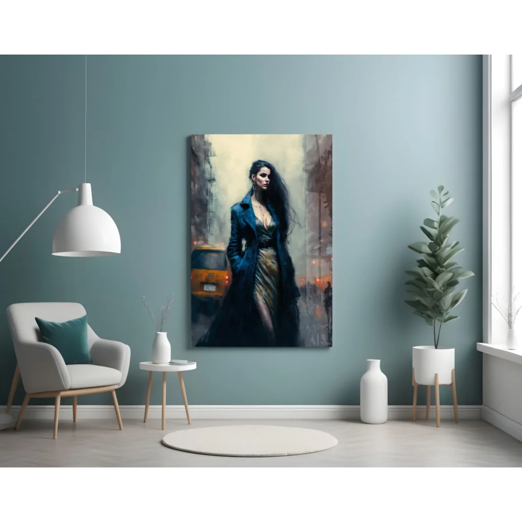 Stunning city night woman in blue coat on glass wall art print