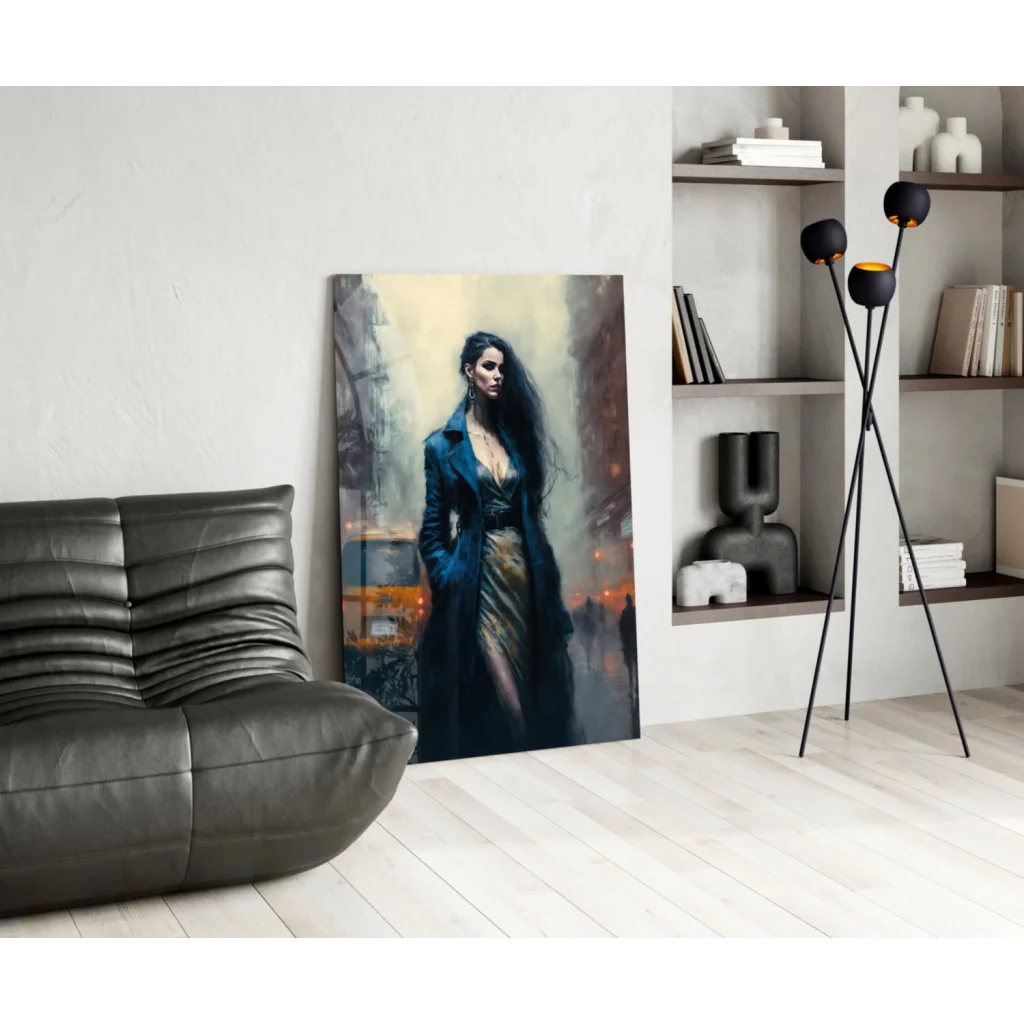 Stunning city night woman in blue coat on glass wall art print