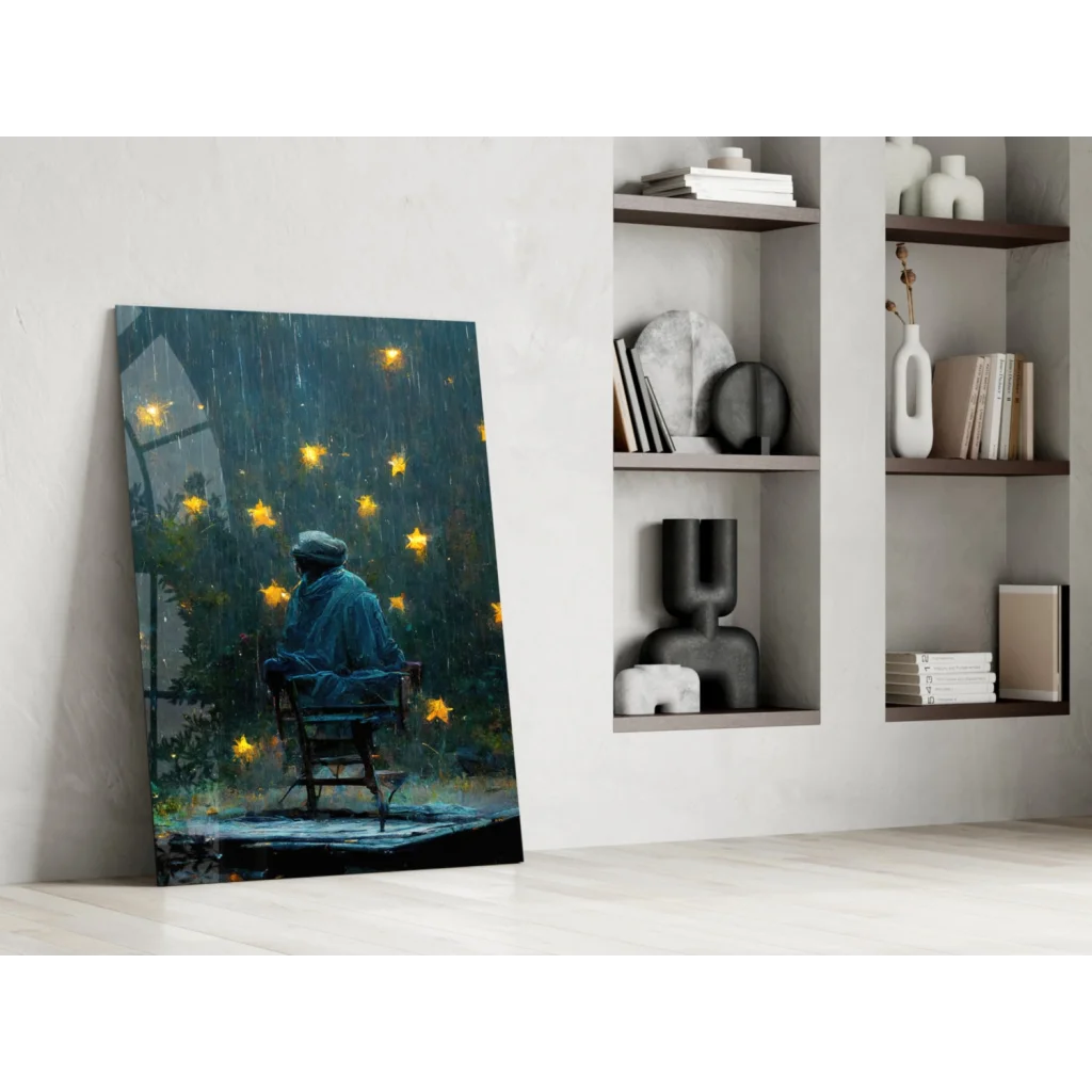 Solitary figure in blue coat under rain with yellow stars, glass wall art print