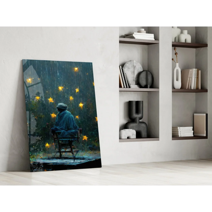 Solitary figure in blue coat under rain with yellow stars, glass wall art print