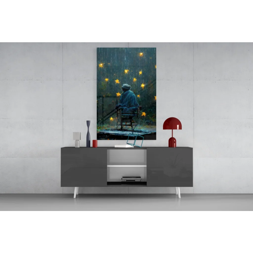 Solitary blue figure under rain with yellow stars in glass wall art print