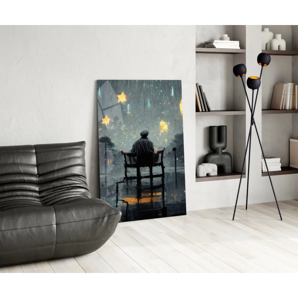 Starry Rain Night wall art canvas print with solitary figure under glowing stars