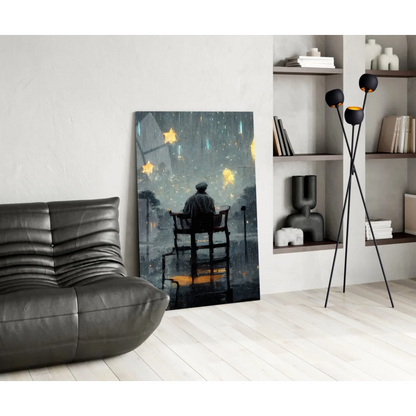 Starry Rain Night wall art canvas print with solitary figure under glowing stars