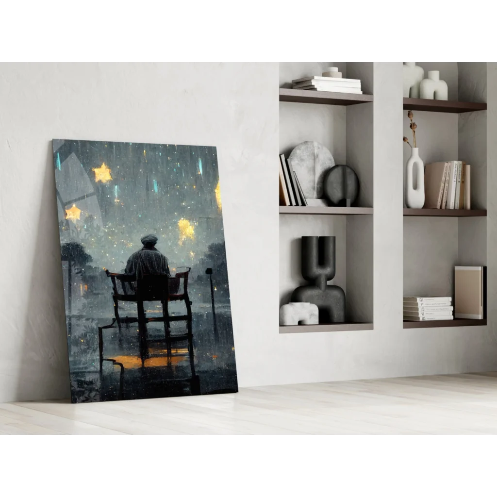 Solitary figure under starry rain in moody blues, wall art canvas print