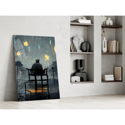 Solitary figure under starry rain in moody blues, wall art canvas print