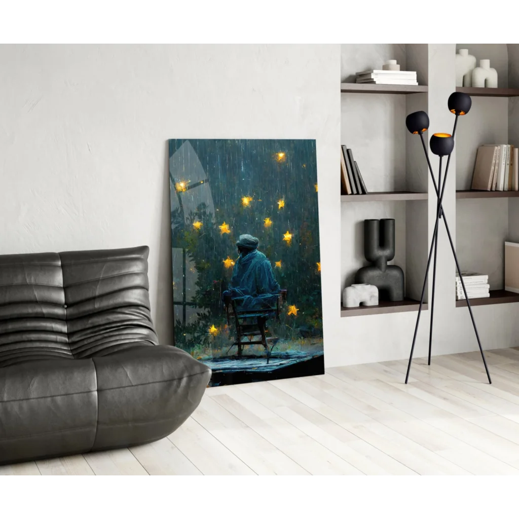 Solitary blue figure under rain with glowing stars in glass wall art print