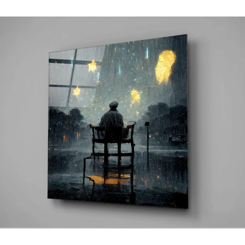Rainy Night Glass Wall Art with Golden Speckled Glow | Glass Wall Art Print | vintageantiquesgifts.com