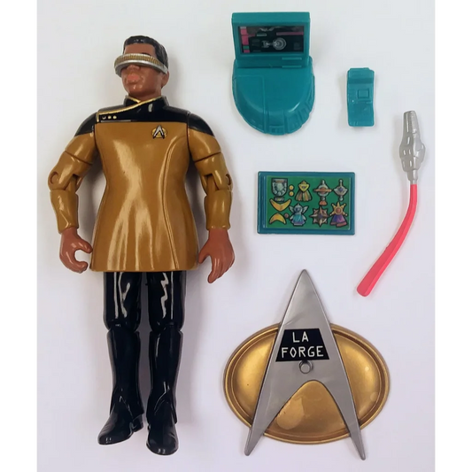 Geordi La Forge Star Trek action figure in gold black uniform with phaser communicator