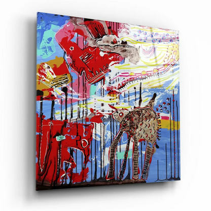 Stunning elephant glass wall art with bold abstract red blue yellow strokes