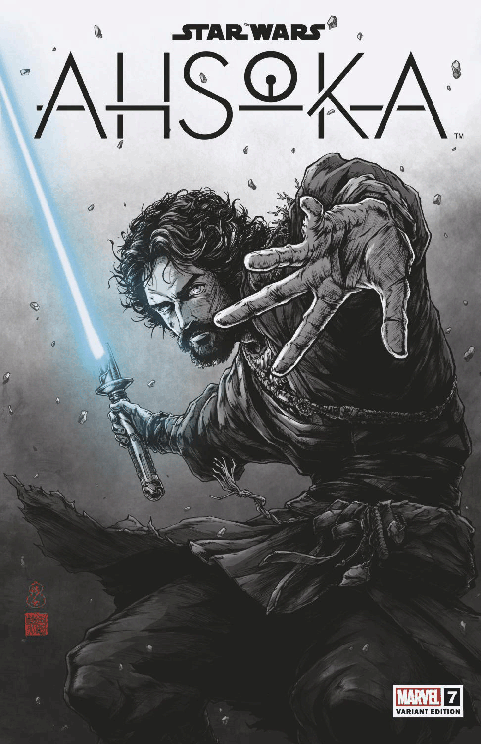 Star Wars Ahsoka Issue 7 limited edition comic book cover with blue lightsaber and man illustration