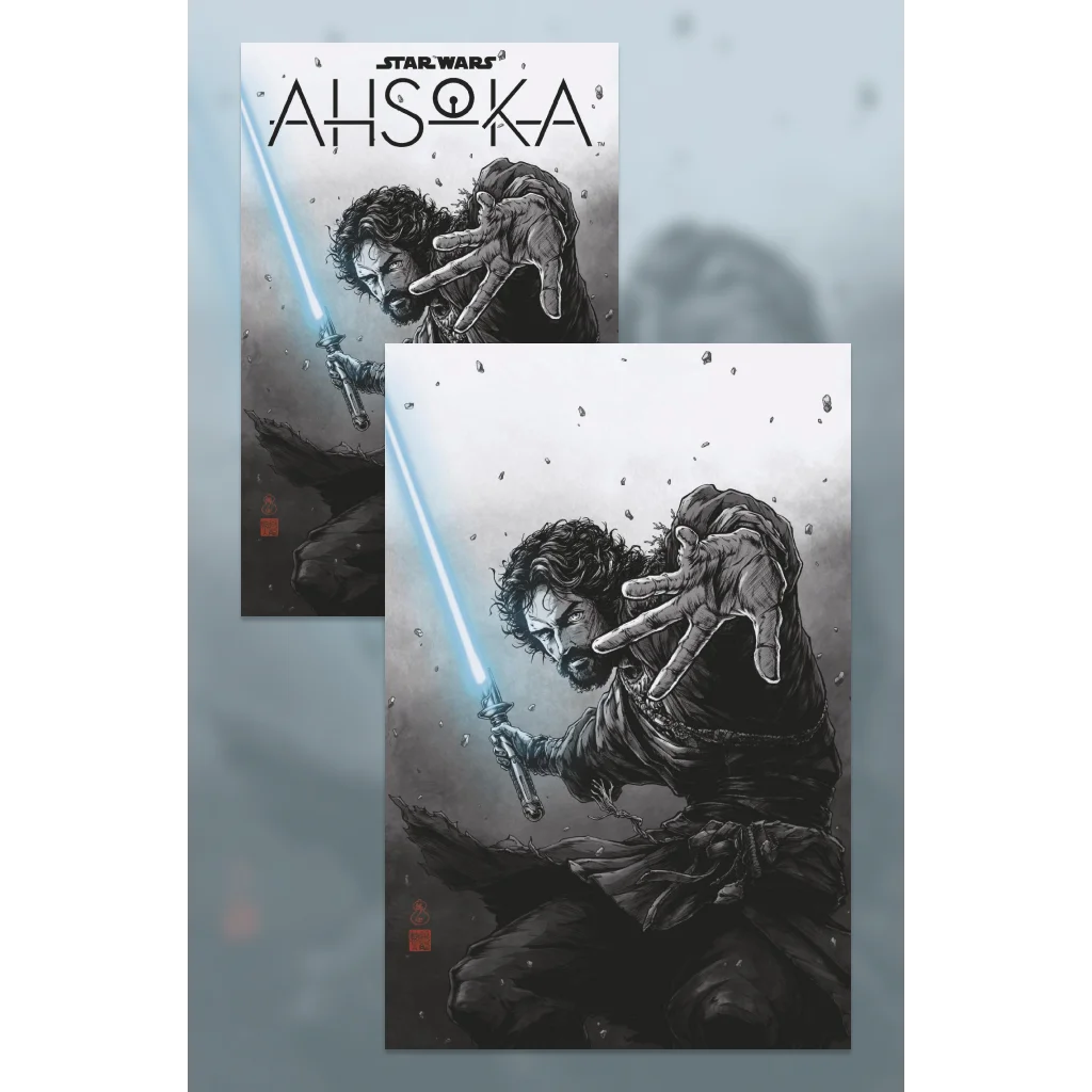 Black and white Ahsoka comic cover with blue lightsaber, limited edition issue 7