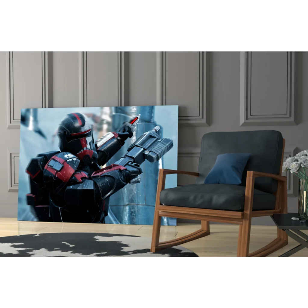 Black and red clone trooper in combat stance on glass wall art print