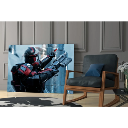 Black and red clone trooper in combat stance on glass wall art print