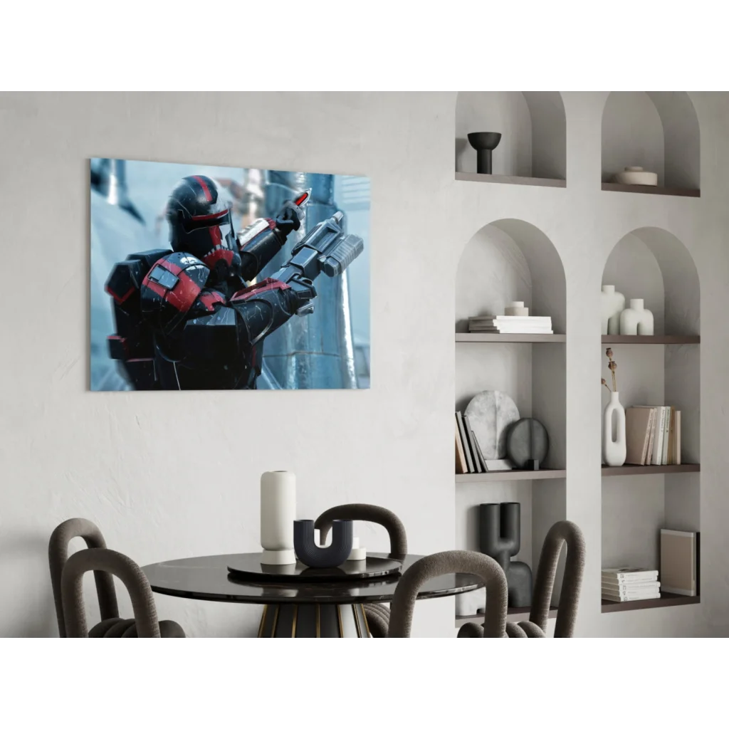 Black and red Star Wars armored character glass wall art portrait