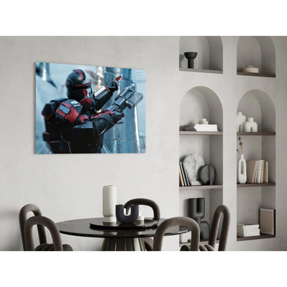 Black and red Star Wars armored character glass wall art portrait