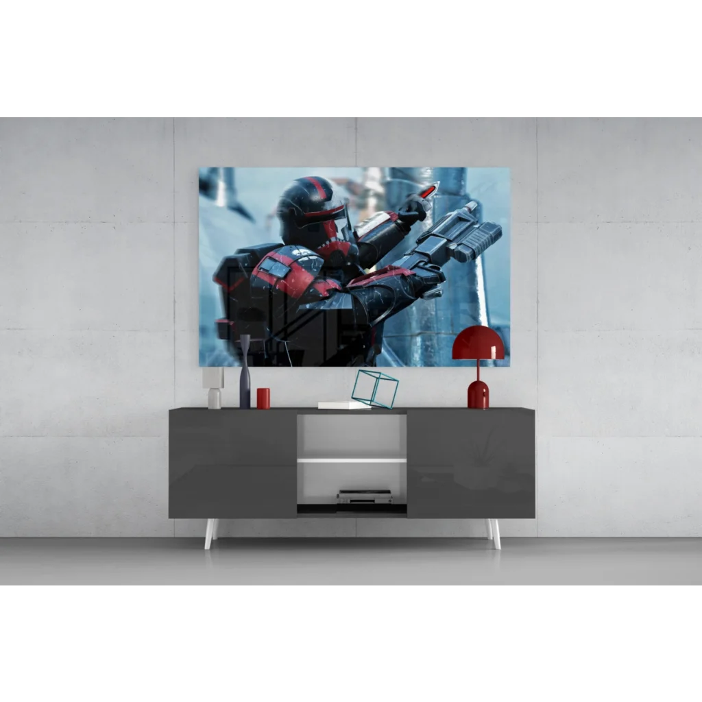 Star Wars clone trooper glass wall art print in black red armor