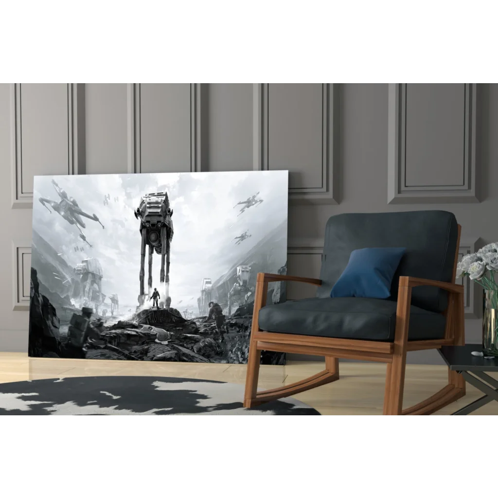 Black-and-white Star Wars AT-AT glass wall art on desolate battlefield