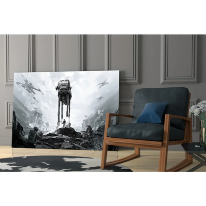 Black-and-white Star Wars AT-AT glass wall art on desolate battlefield