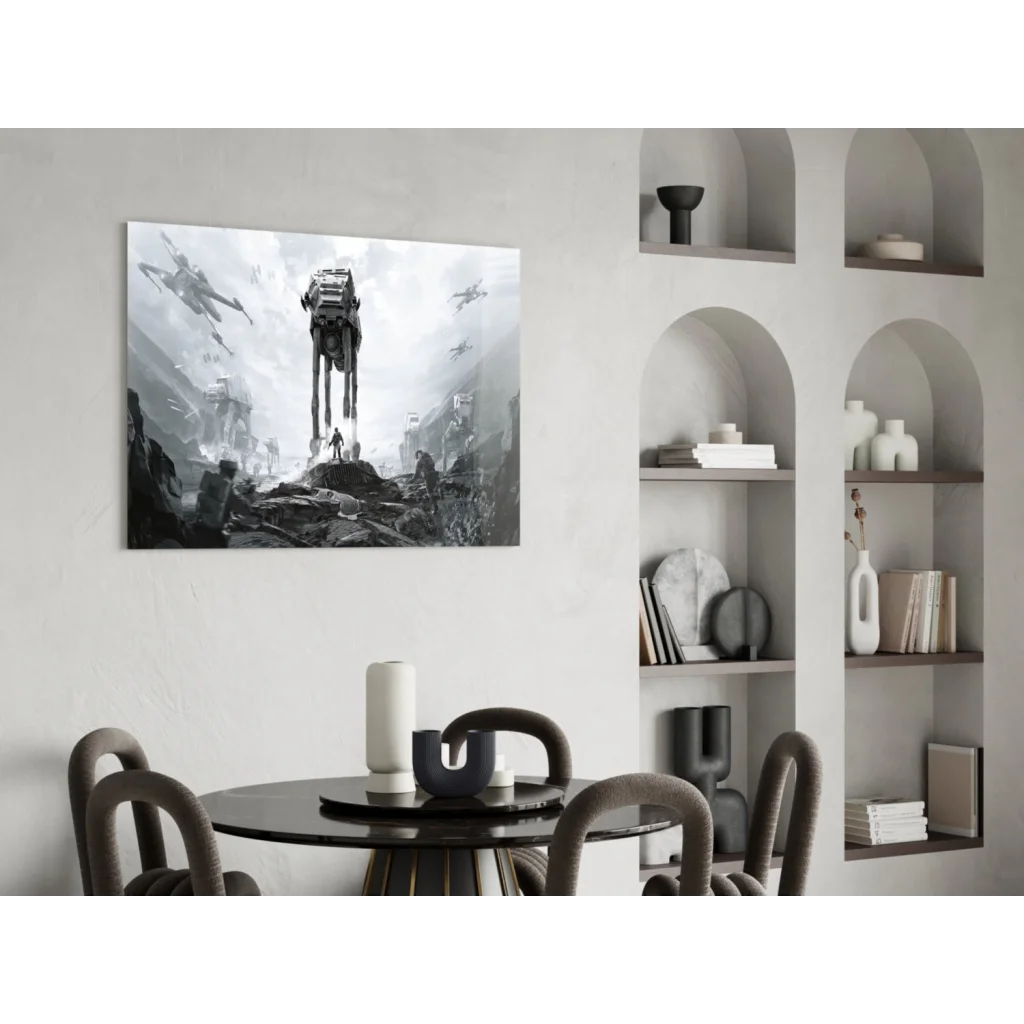 Black-and-white Star Wars AT-AT glass wall art in epic battle scene