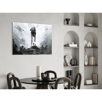 Black-and-white Star Wars AT-AT glass wall art in epic battle scene
