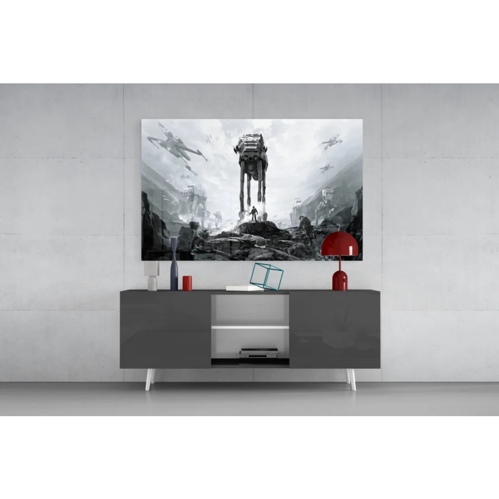 Black-and-white Star Wars AT-AT glass wall art on desolate battlefield