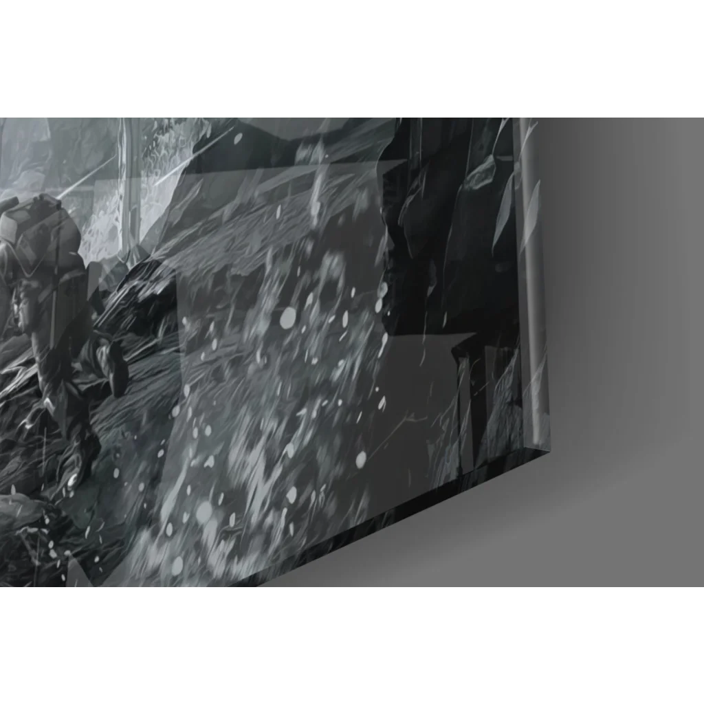Black and white glass wall art of Star Wars battle in rugged mountains