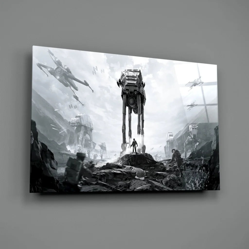 Epic Star Wars Battle Glass Wall Art in Striking Black and White | Glass Wall Art Print | vintageantiquesgifts.com