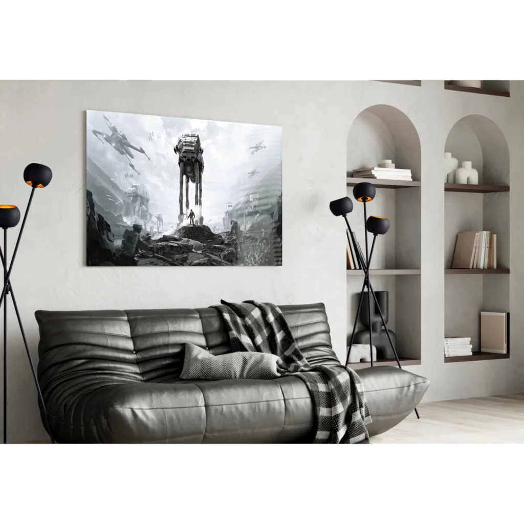 Epic Star Wars Battle Glass Wall Art in Striking Black and White | Contemporary Home Wall Art | vintageantiquesgifts.com