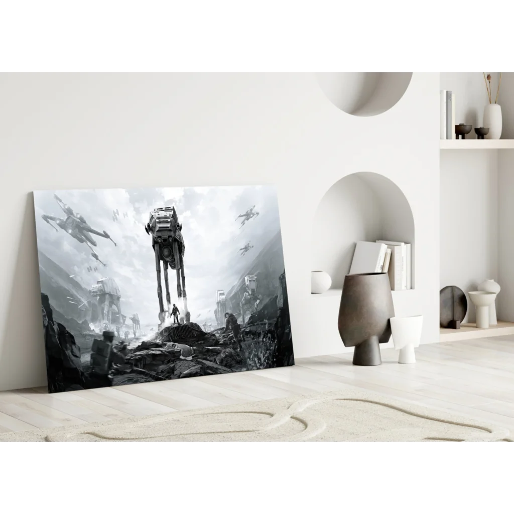 Epic Star Wars Battle Glass Wall Art in Striking Black and White | Modern Wall Art Decor | vintageantiquesgifts.com