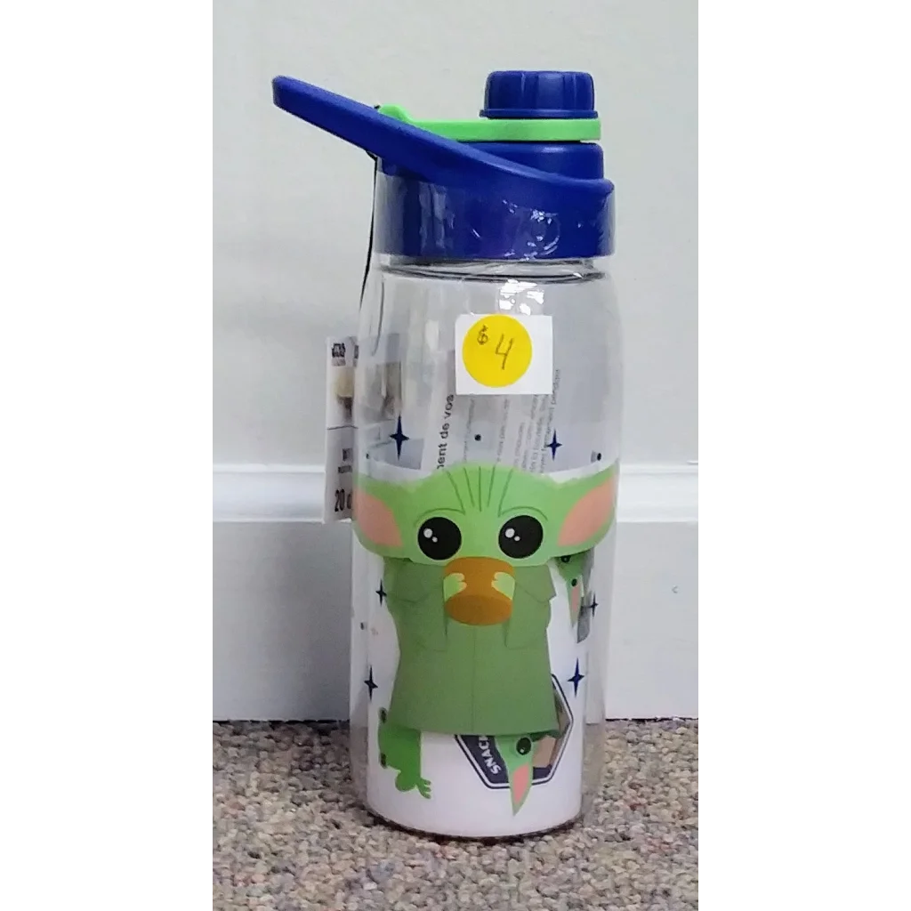 Green Baby Yoda Star Wars bottle with blue lid, straw, and 30 stickers